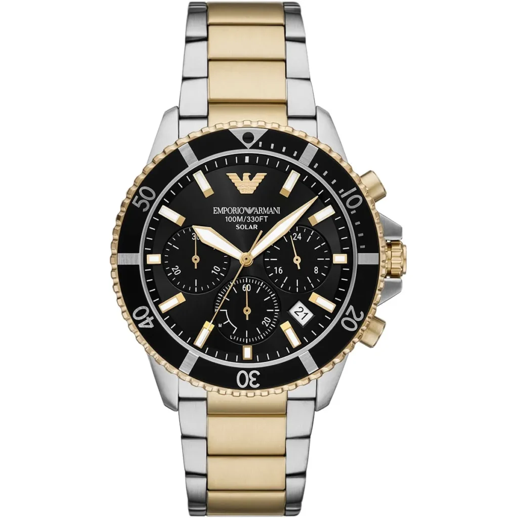 Montre Homme Emporio Armani AR11680 Solaire Chronographe Cadran Noir Bracelet Bicolore Acier Argenté et Doré