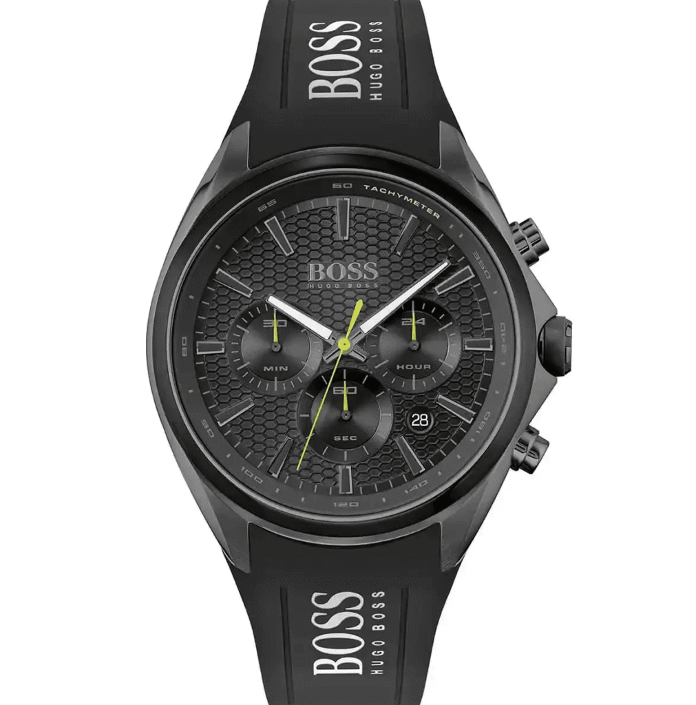 Montre Chronographe Hugo Boss Distinct 1513859 Noire, Touches Jaunes et Bracelet Silicone Homme