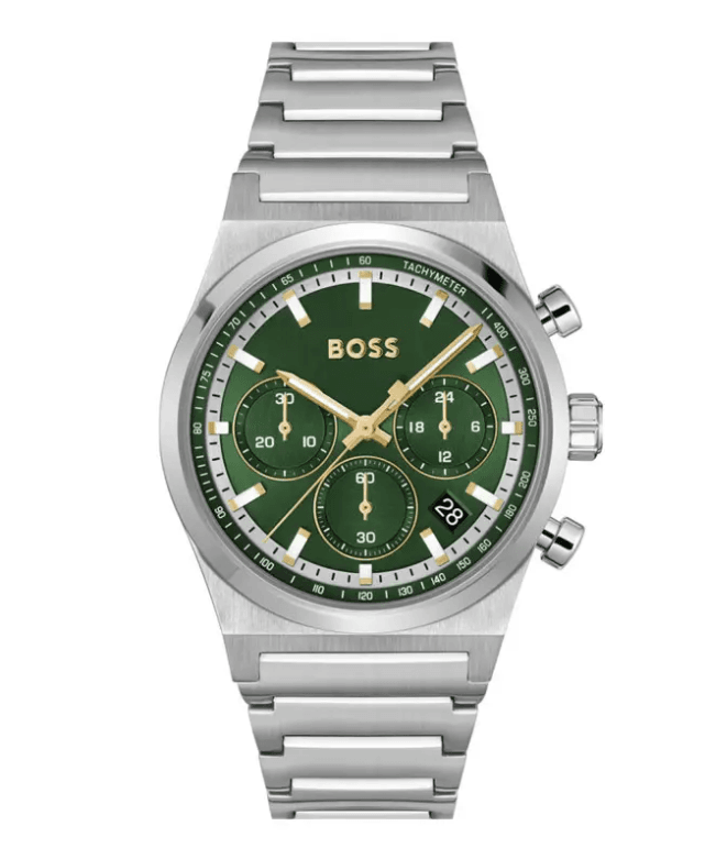 Montre Chronographe Hugo Boss 1514220 en Acier, Cadran Vert et Détails Dorés Homme