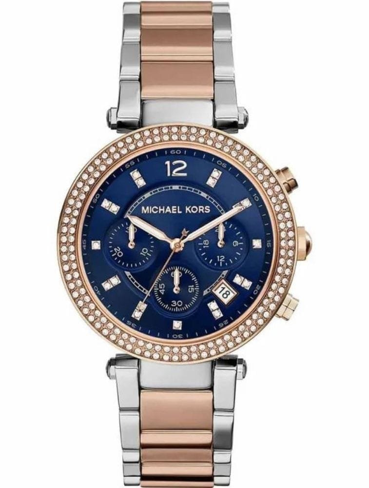 Montre Michael Kors Parker MK6141 Acier et Or Rose, Cadran Bleu Femme