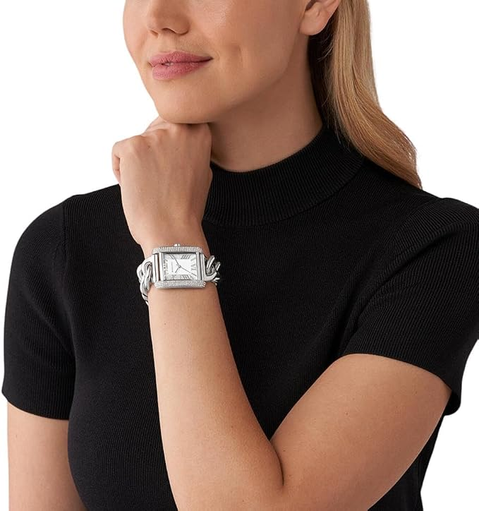 Montre Michael Kors Mini Emery MK7438 Femme – Boîtier Rectangulaire Serti de Cristaux & Bracelet Gourmette Acier Argenté – Image 4