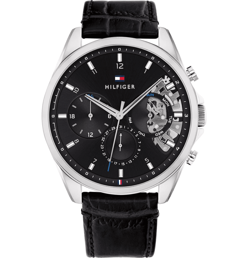 Montre Tommy Hilfiger Homme Multifonction Cadran Noir Bracelet Cuir Acier Argenté Chronographe Quartz 44mm