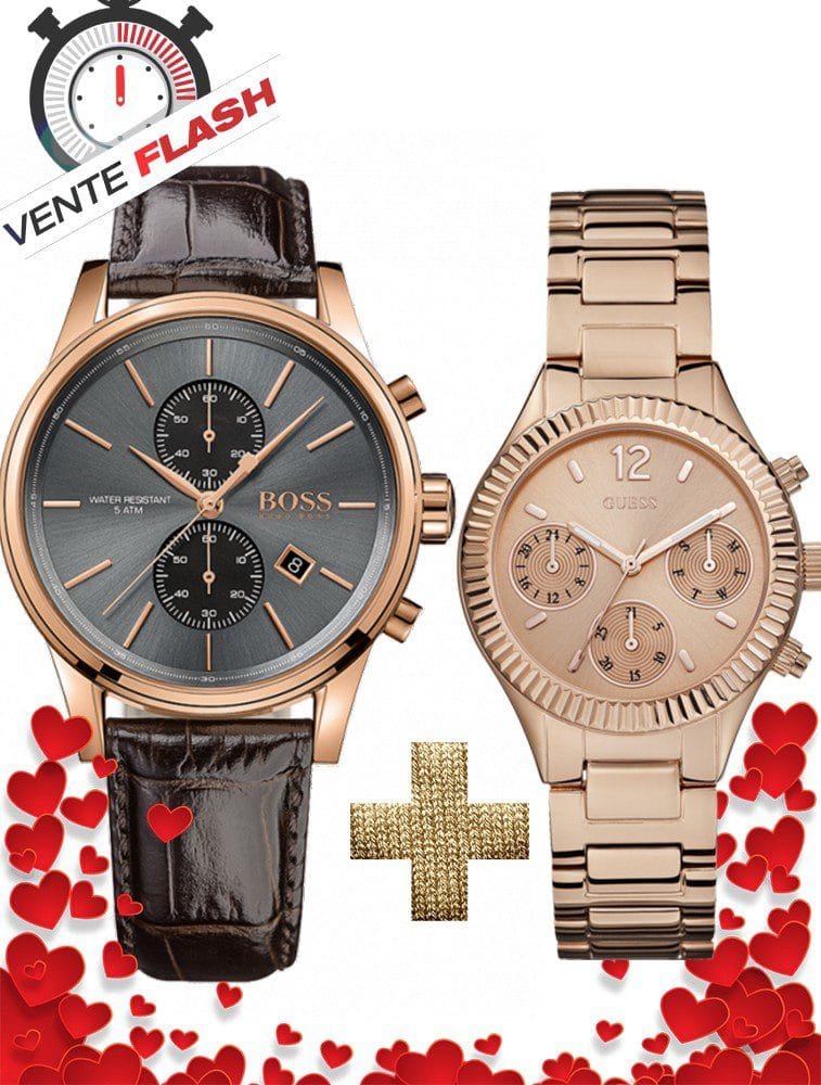 Pack couple Hugo Boss homme cuir marron et Guess femme or rose