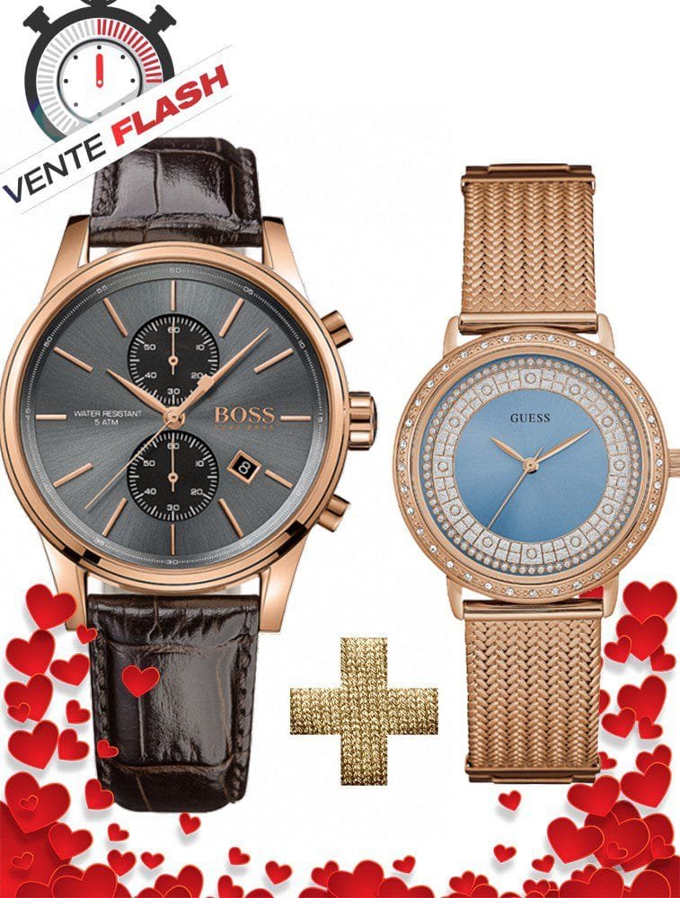 Pack couple Hugo Boss homme cuir marron et Guess femme or rose cadran bleu
