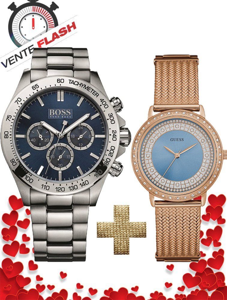 Pack Hugo Boss homme acier cadran bleu et Guess femme or rose