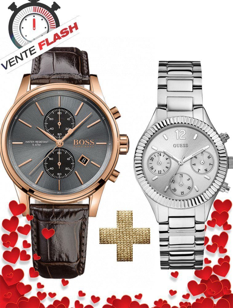 Pack Hugo Boss homme cuir marron et Guess femme argentée