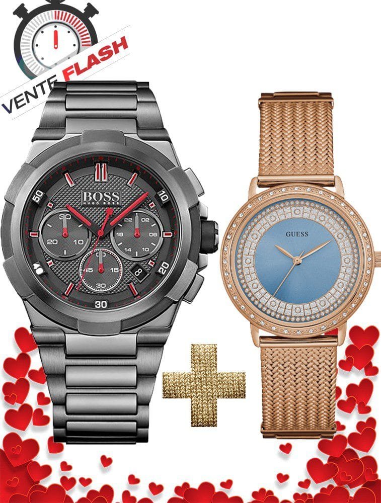 Pack Hugo Boss homme gris anthracite et Guess femme or rose cadran bleu